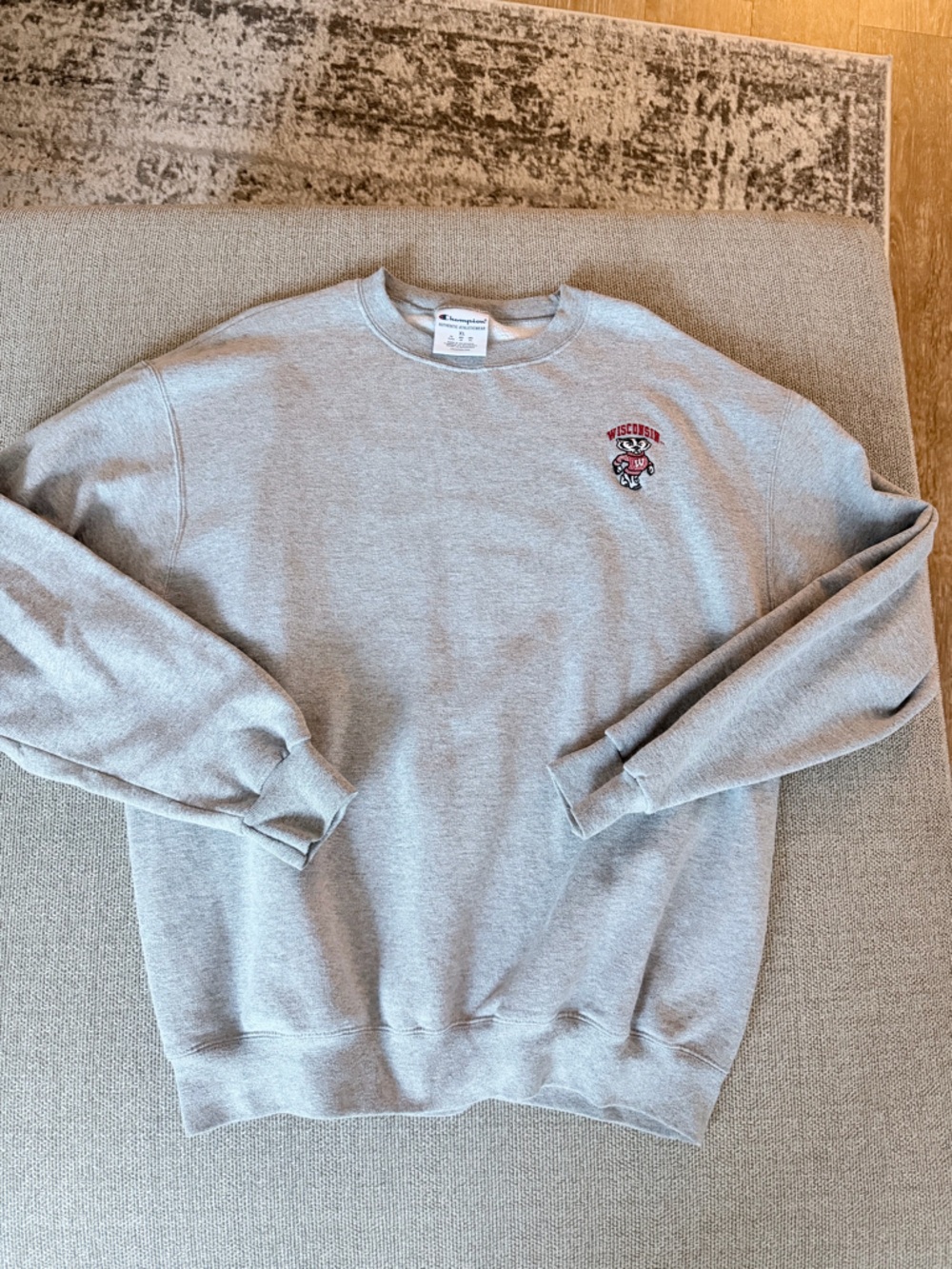 Champion Grey Crewneck Sweatshirt with Wisconsin Mascot Embroidery